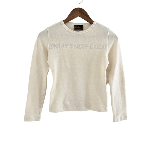 Vintage Fendi Jeans Logo Wool Knit Crop Cream Sweater
